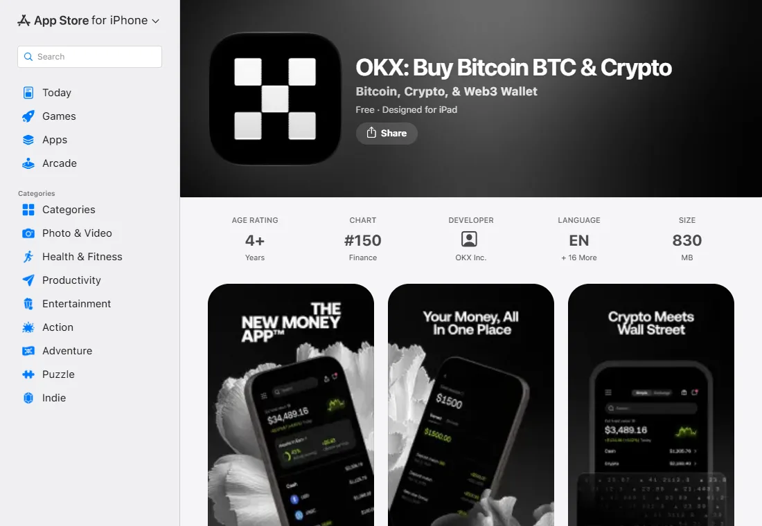 美国区 App Store 上欧易 App 的页面，开发者一栏显示 OKX Inc.