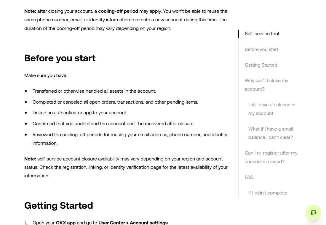 欧易帮助中心注销指南里关于冷静期（cooling-off period）的提示段落和「Before you start」清单