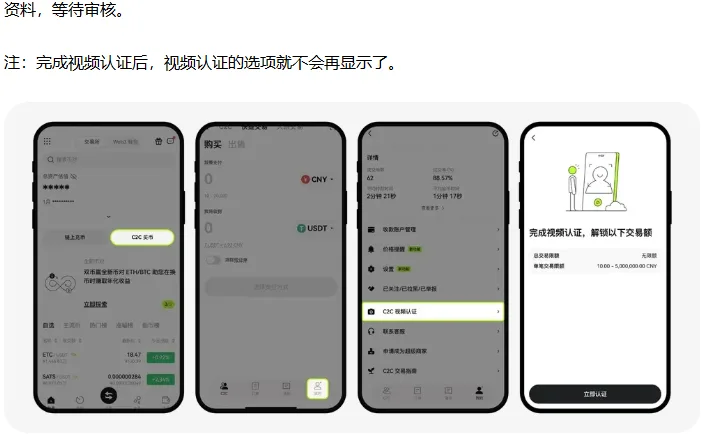 帮助中心示意图：C2C 买币页、我的、C2C 视频认证入口、完成视频认证解锁交易额那一屏