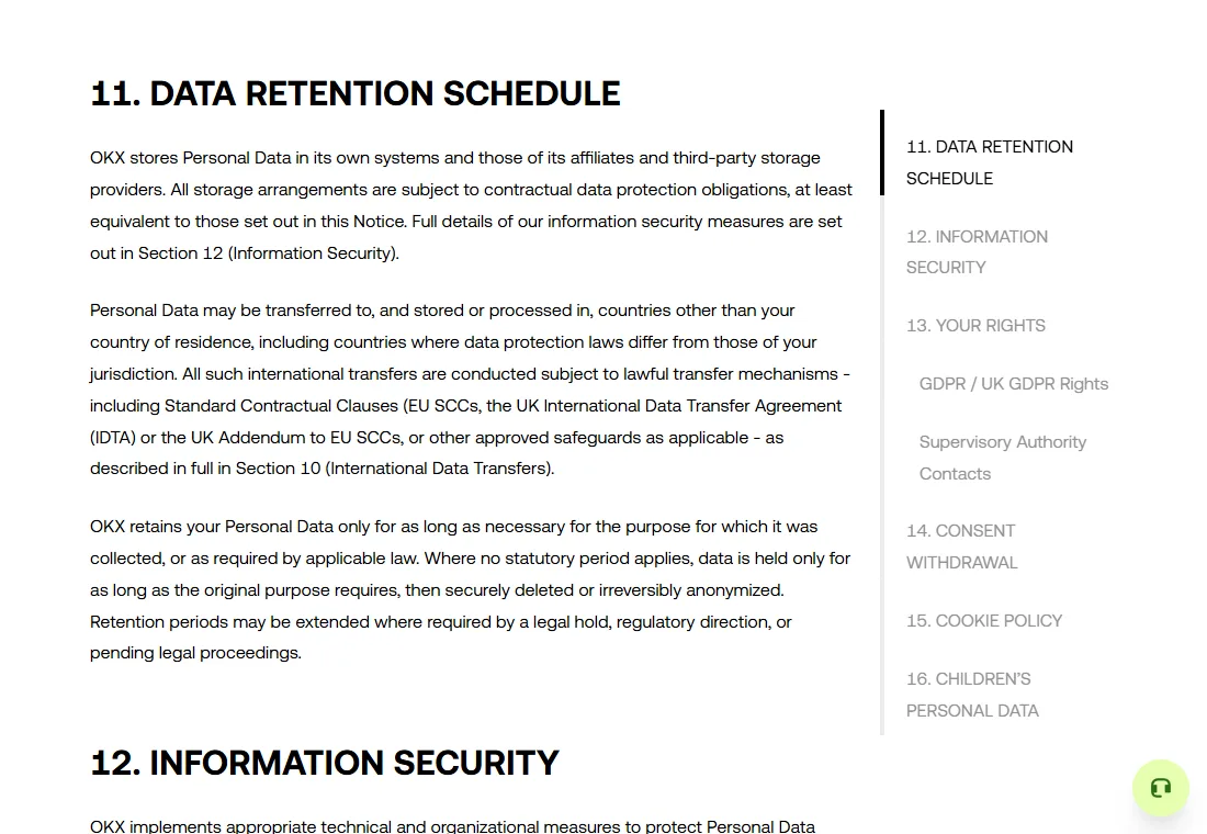 欧易隐私政策第 11 节 Data Retention Schedule 的网页截图